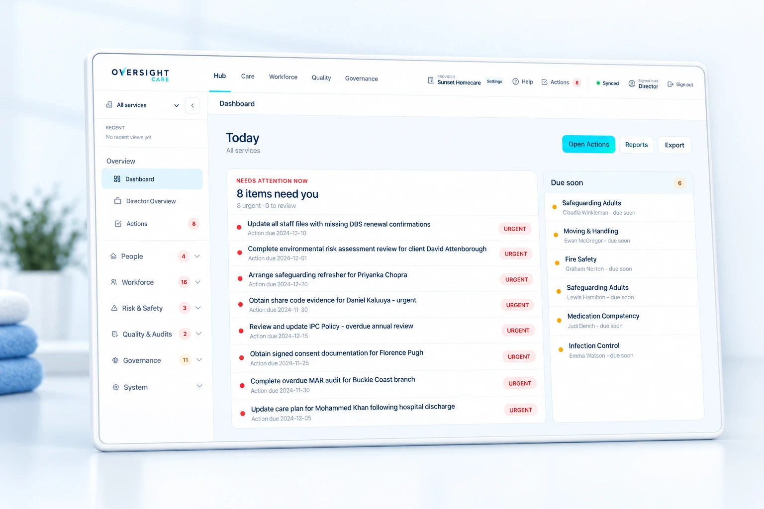 Oversight Care Hub dashboard shown in a clean desktop mockup