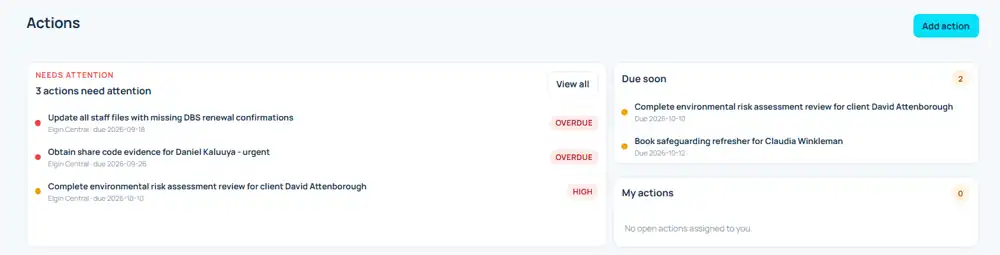 Oversight Actions view showing items needing attention, due soon and assigned actions